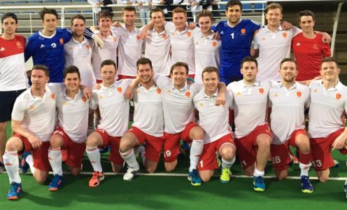 Team Bath Buccaneers' Liam Sanford (back, fourth from left) and Peter Scott (back, right) helped England Hockey men to a 5-2 win over South Africa in March 2017