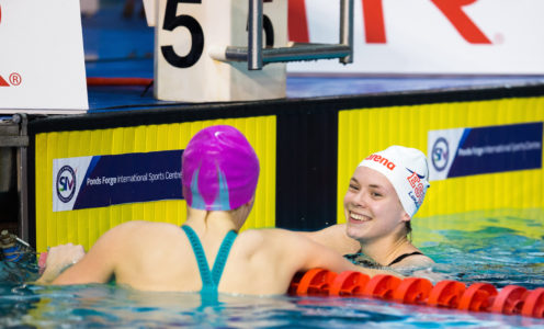 Anna Hopkin is congratulated by SIobhan-Marie O'Connor after winning 50m freestyle gold at the 2017 British Swimming Championships. MUST CREDIT: Georgie Kerr/British Swimming