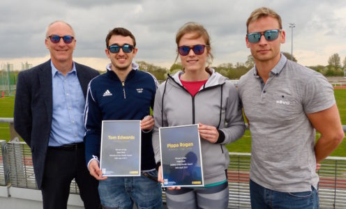 (From left) University of Bath Director of Sport Stephen Baddeley, Tom Edwards, Pippa Rogan and REVO Brand Manager Tyron Dawkins at the Sports Training Village, April 2017