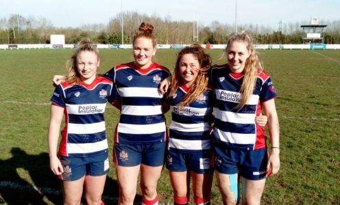 University of Bath students (from left) Chantelle Miell, Jessie Hood, Sydney Gregson and Lottie Holland following Bristol Ladies’ semi-final win against Saracens.