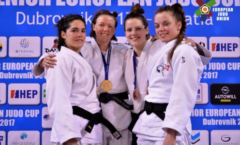 Megan Fletcher (second from left) and her fellow medallists in Dubrovnik. CREDIT: European Judo Union/Tino Maric.