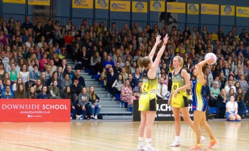 Mia Ritchie is watched by another four-figure crowd in Team Bath Netball's home defeat to Manchester Thunder, April 2017