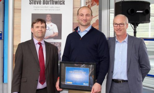 University of Bath Hall of Fame for Sport inductee Steve Borthwick (centre) with (left) Steve Egan, Vice-President (Implementation), and Director of Sport Stephen Baddeley (right)