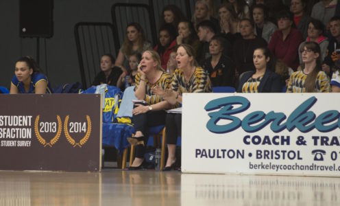 Anna Stembridge and Jess Thirlby urge on the Team Bath Netball players against Hertfordshire Mavericks, April 2017