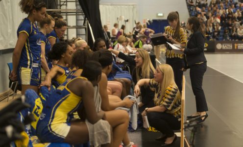 Jess Thirlby and Anna Stembridge during an interval team-talk with Team Bath Netball during the 2017 Superleague season