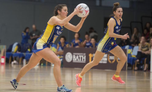 Jess Shaw and Mia Ritchie in action for Team Bath Netball against Hertfordshire Mavericks. April 2017