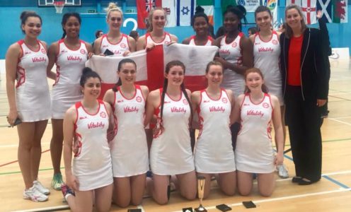 England U21s celebrate after winning the Netball Europe title, May 2017