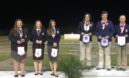 University of Bath student Emma Stacey (right) won a team silver medal with England at the 2017 World Clay-Pigeon Shooting Championships