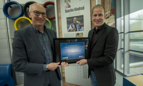 Sascha Kindred is inducted into the University of Bath Hall of Fame for Sport by Director of Sport Stephen Baddeley, May 2017