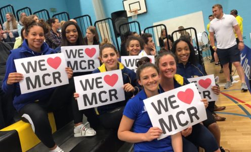 The Team Bath Netball squad showing their support for the people of Manchester ahead of the win at Thunder in May 2017