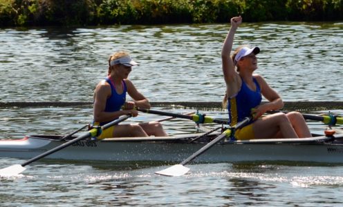 Laura Macro and Steph Clutterbuck celebrate after winning the Senior double scull title at the 2017 Henley Women's Regatta. CREDIT: Lewis Todd