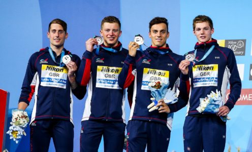 Chris Walker-Hebborn (left) and James Guy (second from right) teamed up with Adam Peaty and Duncan Scott to win 4x100m medley relay silver at the 2017 FINA World Swimming Championships in Budapest