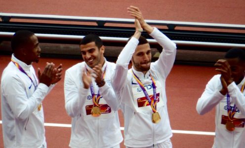 Danny Talbot and his 4x100m relay team-mates are presented with their gold medals at the London 2017 IAAF World Athletics Championships