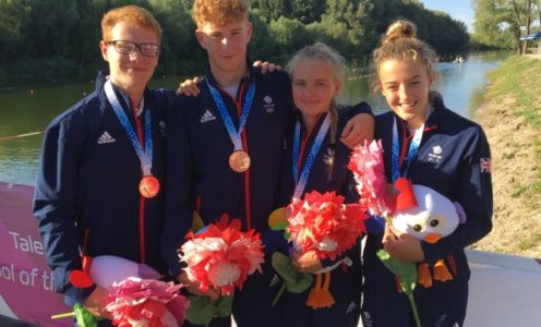 Alex Greaves, Ed Nightingale, Zoe Clark and Enya Dale with their K4 200m bronze medal at the 2017 European Youth Olympic Festival. CREDIT: Gyor 2017.