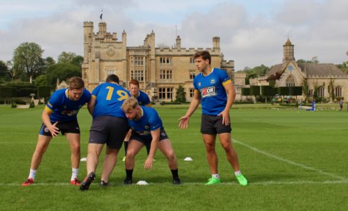 University of Bath men's rugby players in pre-season training at Bath Rugby's Farleigh House headquarters, August 2017