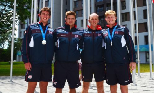 Men's doubles silver-medallists Jack Findel-Hawkins (left) and Luke Johnson (right) with team captain Barry Scollo and team manager Alistair Higham at the 2017 World University Games in Taipei