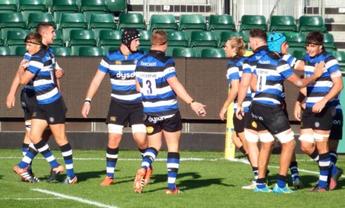 Charlie Dunbar, one of 13 University of Bath rugby players in the Bath United squad, is congratulated on his try in the A League defeat to Saracens Storm, September 2017