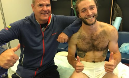 Liam Broady (right) celebrates with coach Dave Sammel after reaching the quarter-finals of the St Petersburg Open in 2017