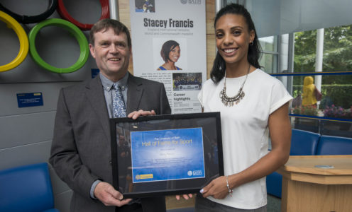 University of Bath Hall of Fame for Sport inductee Stacey Francis with Steve Egan, Vice-President (Implementation). Credit: Clare Green for Matchtight.