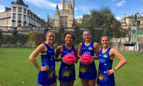 (From left) Asha Francis, Imogen Allison, Tash Pavelin and Jess Shaw in Parade Gardens, overlooked by Bath Abbey, in the Team Bath Netball dress specially designed by Viper 10 Sportswear for the British Fast5 All-Stars Championships.