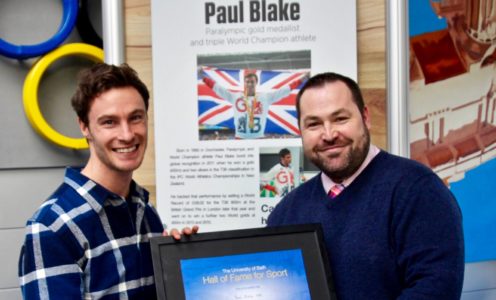 Paul Blake is inducted into the University of Bath Hall of Fame for Sport by Deputy Director of Sport Greg Sharp, November 2017. CREDIT: Bryn Vaile for Matchtight.