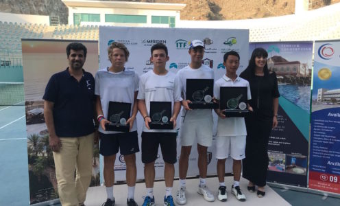 Joe Leather and Yusuke Tamaki, pictured with coach Rob Morgan, won the boys' doubles at the Fujairah ITF Junior West Asia Cup in November 2017