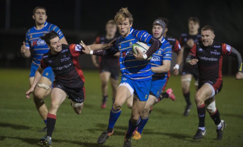 Will Flinn on the charge for the University of Bath men's 1st XV in the 24-22 BUCS Super Rugby win over Hartpury College