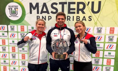 Emma Hurst (left), Pippa Horn (right) and University of Bath Director of Tennis Barry Scollo with their gold medals and the Master’U BNP Paribas trophy, December 2017