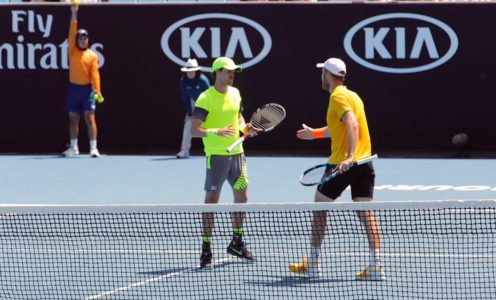 Marcus Daniell (left) and Dominic Inglot in third-round action at the 2018 Australian Open in Melbourne