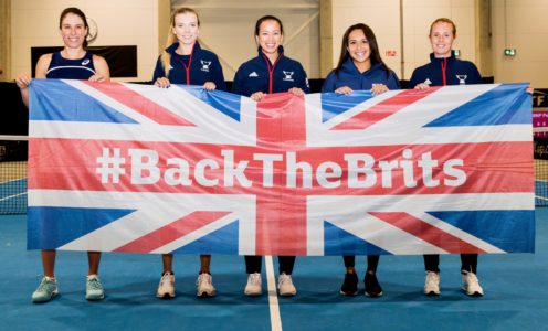 Anna Smith (right) with Fed Cup team-mates (from left) Johanna Konta, Katie Boulter, Heather Watson and captain Anne Keothavong, February 2018