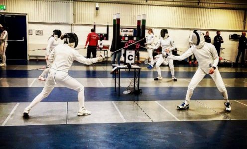 Fencing action from the Pentathlon GB National Ranking Competition at the University of Bath in February 2018