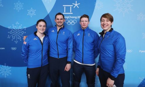 Laura Deas, Dom Parsons, Jerry Rice and Lizzy Yarnold at the PyeongChang 2018 Winter Olympic Games