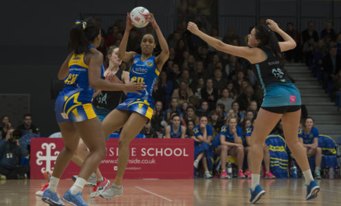 Layla Guscoth makes an interception as Team Bath Netball beat Surrey Storm 60-44, February 2018