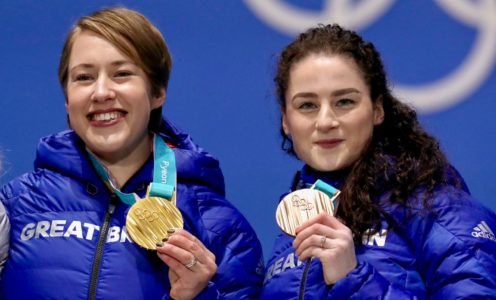 Great Britain's Lizzy Yarnold (left) poses with her gold medal alongside Laura Deas with her bronze medal during the medal ceremony for the Women's Skeleton on day nine of the PyeongChang 2018 Winter Olympic Games in South Korea.