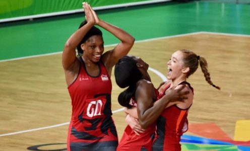 Eboni Beckford-Chambers celebrates after England's historic win over New Zealand at the Gold Coast 2018 Commonwealth Games