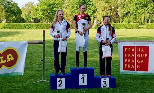 Zoe Davison (left) and Charlie Follett (right) won silver and bronze respectively at the Milan Kadlec Memorial modern pentathlon competition in Prague, April 2018