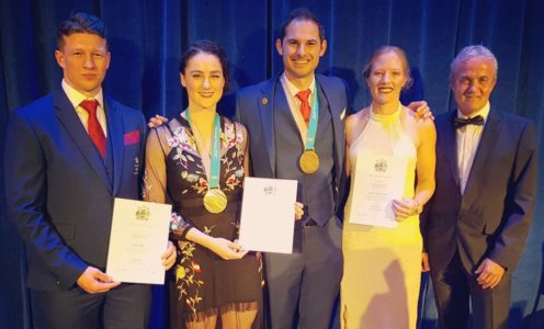 PyeongChang 2018 skeleton athletes Jerry Rice, Laura Deas, Dom Parsons and Jackie Narracott with British Skeleton Performance Advisor Andi Schmid at the 2018 Blues Awards