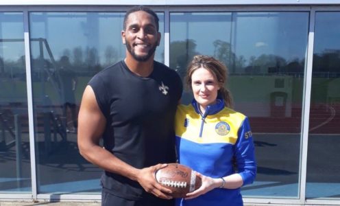 American Football star Alex Jenkins with Team Bath physio Katy Williams, April 2018