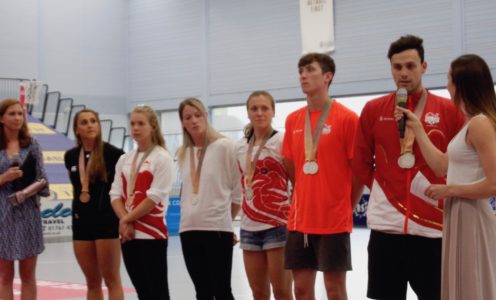 Commonwealth Games medal parade featuring (from left) Siobhan-Marie O’Connor, presenter Kate Grey, Chloe Tutton, Anna Hopkin, Eilidh Doyle, Vicky Holland, Cameron Kurle, James Guy and presenter Samantha Murray