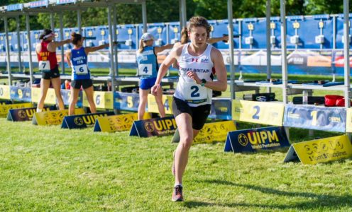 Pentathlon GB's Kate French on her way to winning gold at the Modern Pentathlon World Cup in Sofia, May 2018