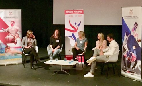 Dame Katherine Grainger (left) and Michael Jamieson (right) were among the panel at an Athletes Future Roadshow that took place at the University of Bath in June 2018