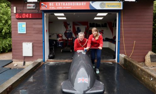 The Mayor of Bath, Cllr Ian Gilchrist, with Donna Creighton at a bobsleigh taster session in May 2018