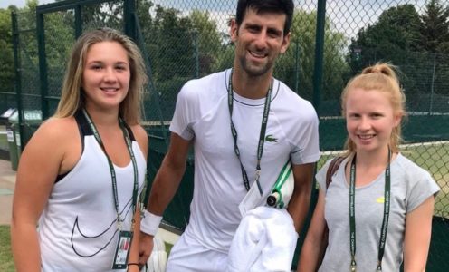 Morgan Cross and Millie Bissett with Novak Djokovic at Wimbledon 2018