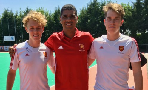 Jody Paul (centre) with Team Bath Buccaneers players Louis Wrenn and Stuart Rushmere representing England at the 2018 EuroHockey U18 Youth Championships