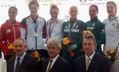 Kate French (back, second from left) won silver at the 2018 Modern Pentathlon European Championships in Hungary