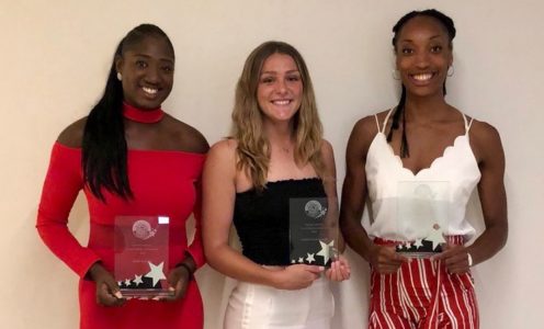 Kadeen Corbin, Jazz Scott and Layla Guscoth all won awards at the 2018 Team Bath Netball end-of-season dinner