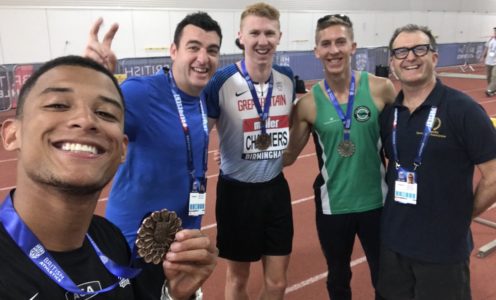 Leon Reid tweeted this selfie of himself with coach James Hillier, 400m bronze-medalist Cameron Chalmers, 110m hurdles silver-medallist David King and osteopath James Miles-Christiansen after winning 200m bronze at the 2018 British Athletics Championships