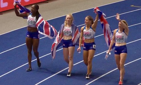 Eilidh Doyle (right) won 4x400m relay bronze with Great Britain at the 2018 European Championships in Berlin