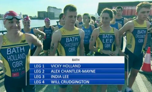 (From left) Vicky Holland, Alex Chantler-Mayne, India Lee and Will Crudgington represented Team Bath at the 2018 British Triathlon Mixed Relay Cup in London