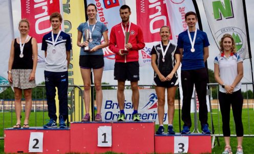 Amy Williams (right) presents the prizes at the British Orienteering Sprint Championships 2018